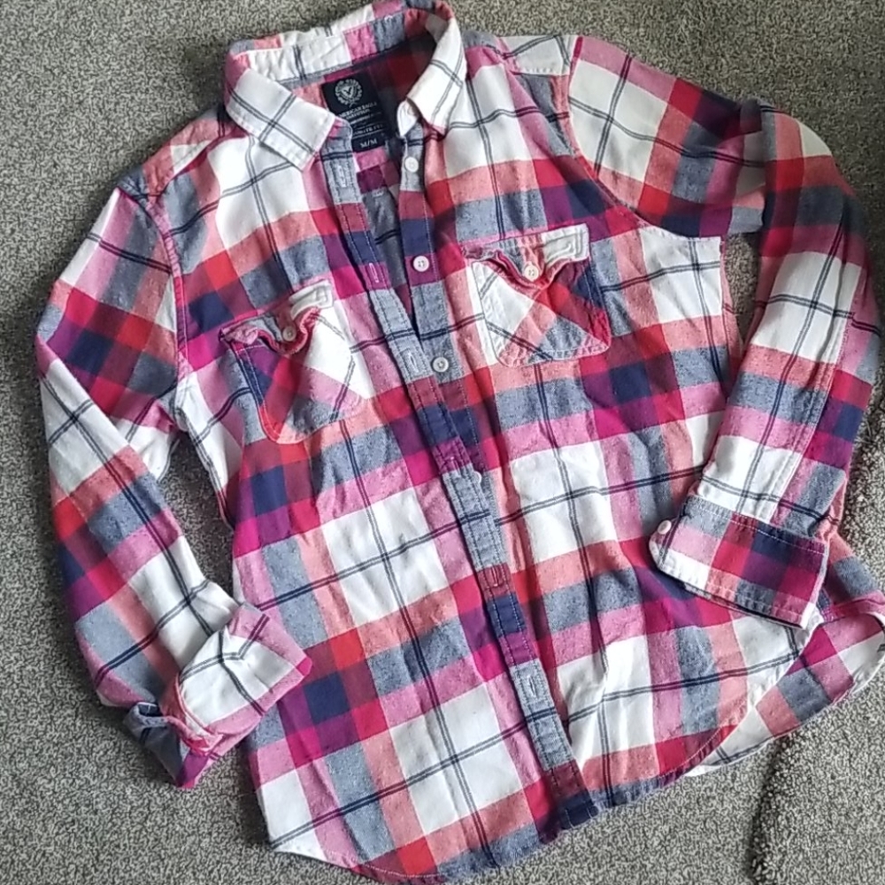 American Eagle Outfitters Pink Blue White Plaid Button-Down Shirt